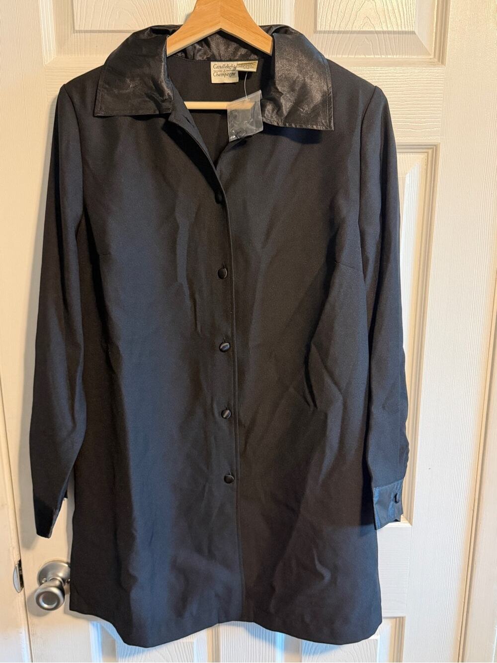 Candleight & Champagne Classic Black Trench Coat with Satin Collar button down